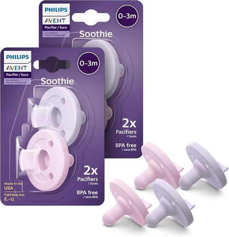Philips Avent Soothie 0-3 Months Orthodontic Baby Pacifiers, 100% Silicone Pacifiers, One Piece, BPA-Free, 2 Lilac and 2 Pink, 4 Pack, Model SCF190/70 in Saudi Arabia