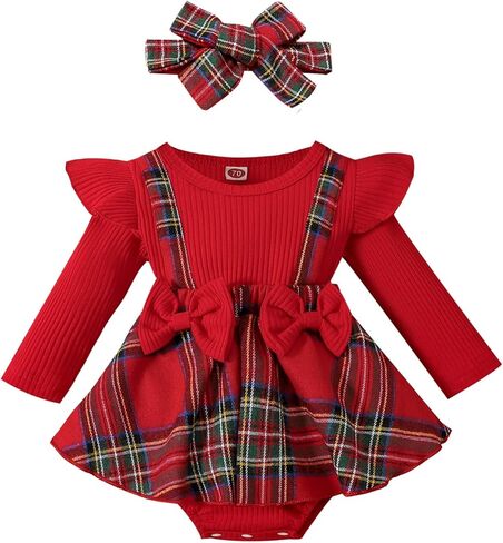MERSARIPHY Baby Girl Fall Winter Outfits Plaid Christmas Romper Newborn Dress Infant Lace Ruffle Ribbed Knit Cute Clothes Set in Saudi Arabia