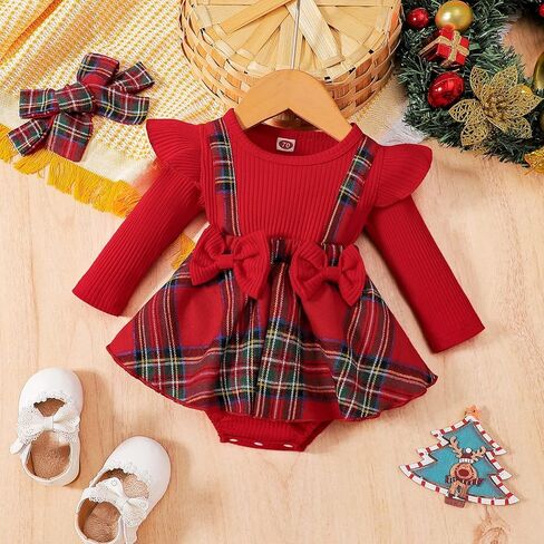 MERSARIPHY Baby Girl Fall Winter Outfits Plaid Christmas Romper Newborn Dress Infant Lace Ruffle Ribbed Knit Cute Clothes Set in Saudi Arabia