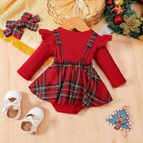 MERSARIPHY Baby Girl Fall Winter Outfits Plaid Christmas Romper Newborn Dress Infant Lace Ruffle Ribbed Knit Cute Clothes Set in Saudi Arabia