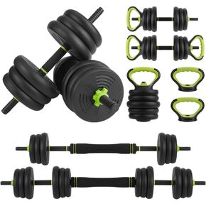 Adjustable Dumbbell Set, 4 in 1 Adjustable Kettlebell Set,44lbs/66lbs/88lbs Weight Set Used as Kettlebells, Barbell, Push up Stand for Home Gym,Green and Black,Round Head