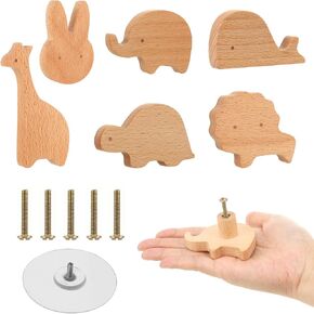 6 Pcs Dresser Wooden Handles, Cute Animal Drawer Pulls Decorative Cabinet Handles with Screws, Toddler Drawer Handles for Cabinet Furniture, Rabbit Elephant Turtle Pulls