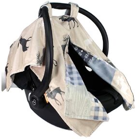 Dear Baby Gear Deluxe Reversible Car Seat Canopy, Custom Minky Print, Faux Quilt Grey Tan Adventure and Grey Moose on Tan