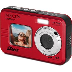 Minolta 48 Mega Pixels Underwater Digital Camera with Autofocus, 5K Video & Dual LCD, Red