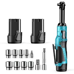 3/8" Extended Electric Ratchet Wrench Set 4 in, 40ft-Lbs Battery Cordless Ratchet Wrench w/ 2X 2.0 Ah Battery, 1 Hour Fast Charger, 11 Sockets Accessories & Variable Speed Trigger