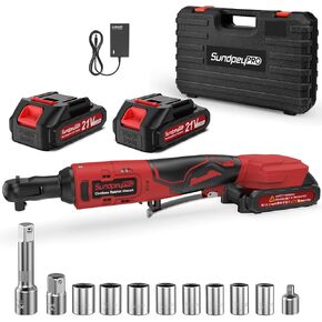Cordless Ratchet Wrench Set 3/8" - 21V 75 Ft-lbs/100N·m Electric Ratchet Wrench With 2 X 2.0Ah Battery Power Ratchet Wrench With 1/2" & 1/4" Adapter & 3" Extension Bar & 8 Sockets & Case