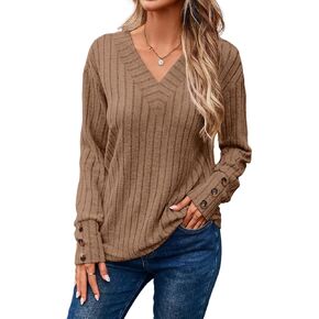 Dokotoo Womens Soft Long Sleeve V Neck Shirts Solid Casual Decorative Buttons Knitted Pullover Tunic Tops