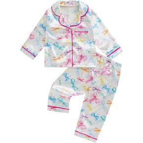 MAINESAKA Toddler Baby Girl Satin Pajama Set Cute Bow Print Long Sleeve Button Down Tops Pants Silk Pjs Loungewear Sleepwear