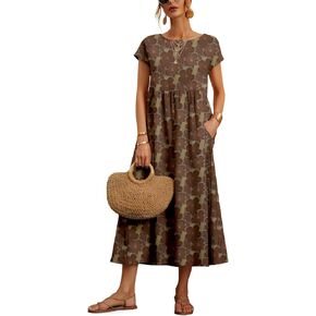 Dresses for Women 2024 Casual Summer Cotton Dress with Pockets Short Sleeve Shirt Midi Long Dress