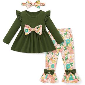 Weixinbuy Toddler Baby Girl Clothes Long Sleeve Ruffle Ribbed Tops Floral Pants with Headband Baby Fall Winter Outfits 12M-5T