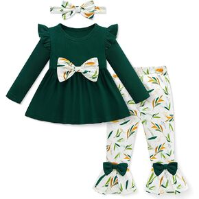 Weixinbuy Toddler Baby Girl Clothes Long Sleeve Ruffle Ribbed Tops Floral Pants with Headband Baby Fall Winter Outfits 12M-5T in Kuwait