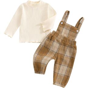 Kupretty Fall Winter Toddler Baby Girl Clothes Long Sleeve Ribbed Knit T-shirt + Plaid Overall Jumpsuit Pant Set