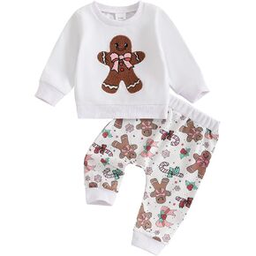 Ayalinggo My First Christmas Baby Girl Outfit Gingerbread Man Pant Set Long Sleeve Sweatshirt Bows Sweat Pants Fall Clothes