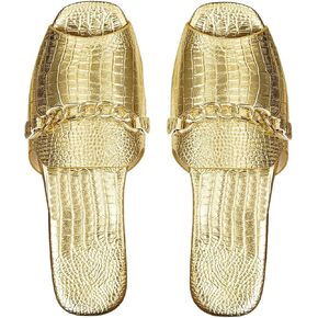 GORGLITTER Women's Metallic Chain Decor Gold Sandals Dressy Leather Open Toe Fancy Flat Sansals