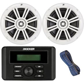 Kicker Weather-Resistant Marine Bluetooth USB AM/FM Stereo Receiver Bundle Combo with 1 Pair (Qty 2) of 6.5" 2-Way 150W Max Power Coaxial Black Marine Audio Speakers, 50-Feet 16-Gauge Speaker Wire