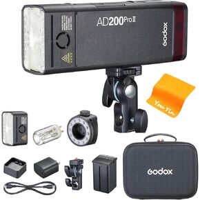 Godox AD200 Pro II AD200Pro II Flash Strobe Monolight, One-Tap sync with X3 Trigger, Bi-Color LED Modeling Lamp,1/512 to 1/1 in 0.1 Increment Steps, 0.01-1.8s Recycle time,16 Color Groups Indicator