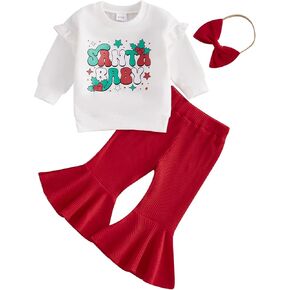 Toddler Baby Girl Christmas Outfits Bow Print Long Sleeve Sweatshirt Solid Ribbed Flare Pants Headband 3 Piece Set in Kuwait