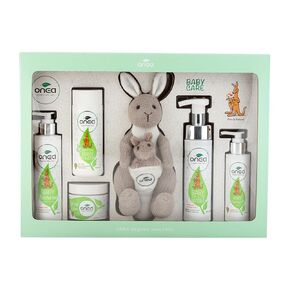 Baby Gift Pack - Organic Baby Powder, Baby Oil, Baby Bath Wash, Body Lotion, Balm and Kangaroo Plush - Baby Shower Gifts for Baby and Mom - 6 pcs