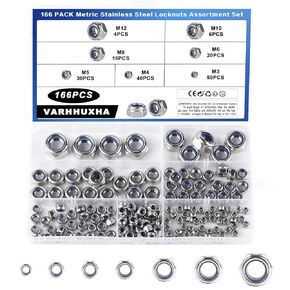 166 Pcs Locknuts Assortment Kit, Metric Lock Nuts, Nylon Insert Lock Nuts, M3 M4 M5 M6 M8 M10 M12 Nuts, 304 Stainless Steel Nylock Nuts for Bolt Screws, Standard Threaded Assorted Hardware Nuts