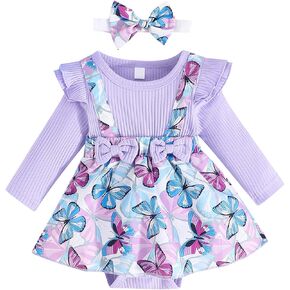 Kunyeah Baby Girl Clothes Outfit Infant Ribbed Bodysuit Long Sleeve Butterfly Print Romper Dress Newborn Skirt with Headband