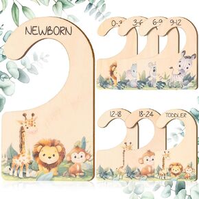 Baby Closet Dividers for Clothes Organizer - Set of 8 Safari Animal Wooden Double-Sided Baby Clothes Size Hanger Organizer from Newborn to 24 Months for Nursery Beautiful Decor