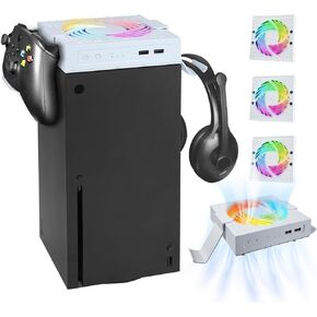 Cooling Fan for Xbox Series X, Xbox Series X Cooler Cooling Fan with Auto Fan Speed Adjustable by Temperature, Controller Stand, Low Noise, RGB Light, 2 USB Ports for Charging &Data Transmission White