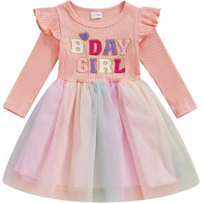 Matching Sister Outfits Girl and Baby Birthday Gril Print Ribbed Ruffle Sleeve Top with Tulle Dress/Baby Romper Dress