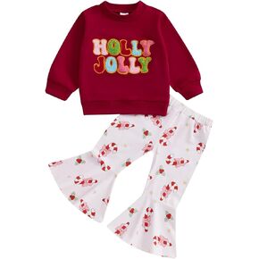Lesimsam Toddler Baby Girl Christmas Outfit Letter Print Long Sleeve Sweatshirt Bell Bottom Pants Set 2Pcs Winter Clothes