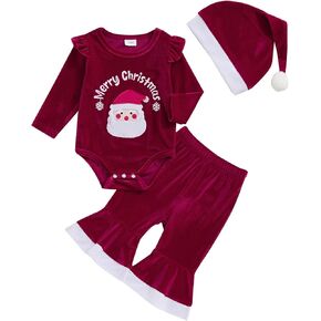 Infant Baby Girls Christmas Clothes Santa Claus Velvet Romper Top Bell Pants Fur Hat Winter Outfits