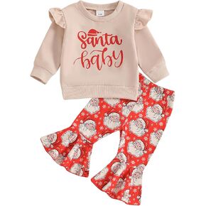 BemeyourBBs Toddler Baby Girl Christmas Outfit Pullover Sweatshirt Top Flared Pants Set Cute 2 Piece Bell Bottom Outfit