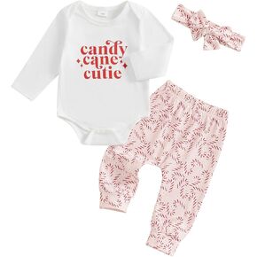 Baby Girl Christmas Outfit Candy Cane Cutie Winter Clothes Long Sleeve Onesie Pink Graphic Pants Headband Newborn Set