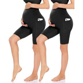 HIGHDAYS Maternity Shorts Over Belly with Pockets - 8" Women's Pregnancy Biker Shorts for Yoga Active Workout Athletic