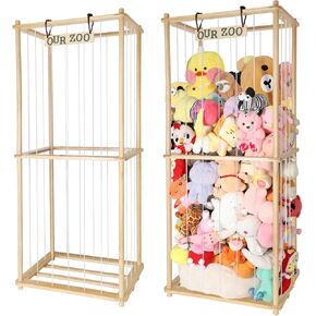 63" Large Stuffed Animal Storage for Children-Wood Plush Storage Organizer Shelf with Elastic Cord for Birthday Gift for Toddler Baby Kid, Play Room Decor Corner