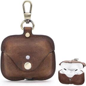 CHULEAG Charging Case Cover for Apple Airpods Pro. Handcrafted Fully, Crazy Horse Cowhide Leather Vintage Case. Protective Portable Shockproof Case with Key Chain