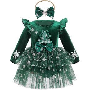OBEEII Baby Girl First Christmas Velvet Tulle Dress Long Sleeve Sparkle Snowflake Tiered Dress 1st Birthday Cake Smash Outfit