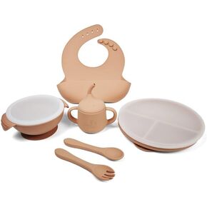 Silicone Baby Feeding Set, Baby Led Weaning Supplies, Divided Suction Plate, Suction Bowl, Lids, Training Cup, Bib, Self-Feeding Utensils