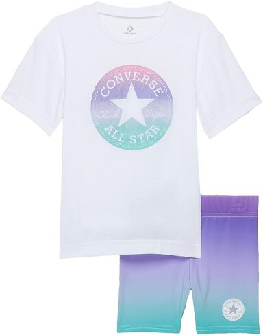 Converse Baby Girl's Glitter Chuck Patch Elongated T-Shirt and Gradient Print Bike Shorts Set (Toddler) White 2 Toddler in Saudi Arabia