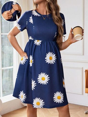 MakeMeChic Women's Maternity Floral Dress Crew Neck Short Sleeve A Line Flowy Nursing Dress with Pocket in Saudi Arabia