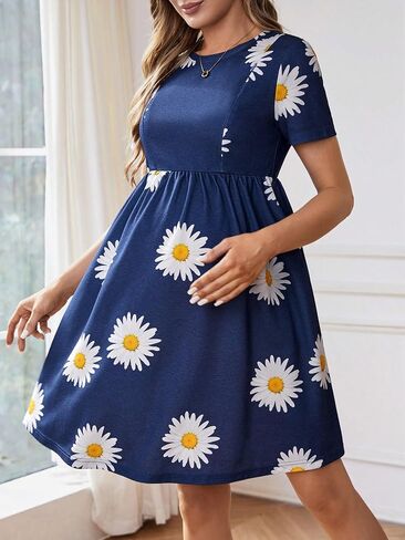 MakeMeChic Women's Maternity Floral Dress Crew Neck Short Sleeve A Line Flowy Nursing Dress with Pocket in Saudi Arabia