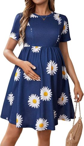 MakeMeChic Women's Maternity Floral Dress Crew Neck Short Sleeve A Line Flowy Nursing Dress with Pocket in Saudi Arabia