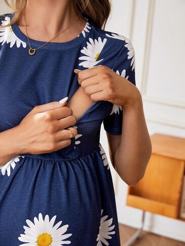 MakeMeChic Women's Maternity Floral Dress Crew Neck Short Sleeve A Line Flowy Nursing Dress with Pocket in Saudi Arabia