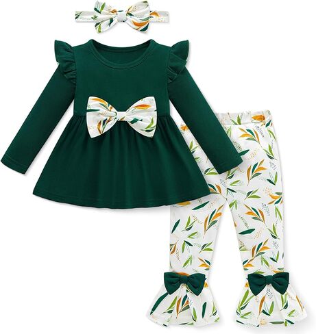 Weixinbuy Toddler Baby Girl Clothes Long Sleeve Ruffle Ribbed Tops Floral Pants with Headband Baby Fall Winter Outfits 12M-5T in Kuwait