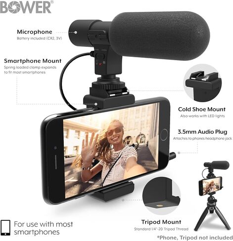 مجموعة ميكروفون Bower HD ميكروفون فيديو عالمي لأجهزة iPhone والهواتف الذكية Android وكاميرات DSLR - متوافقة مع كاميرات Canon EOS وNikon وSony - مع حامل الهاتف in Kuwait