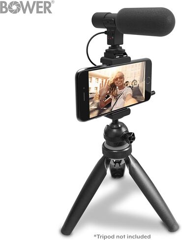 مجموعة ميكروفون Bower HD ميكروفون فيديو عالمي لأجهزة iPhone والهواتف الذكية Android وكاميرات DSLR - متوافقة مع كاميرات Canon EOS وNikon وSony - مع حامل الهاتف in Kuwait