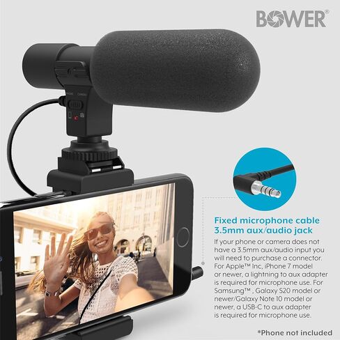 مجموعة ميكروفون Bower HD ميكروفون فيديو عالمي لأجهزة iPhone والهواتف الذكية Android وكاميرات DSLR - متوافقة مع كاميرات Canon EOS وNikon وSony - مع حامل الهاتف in Kuwait