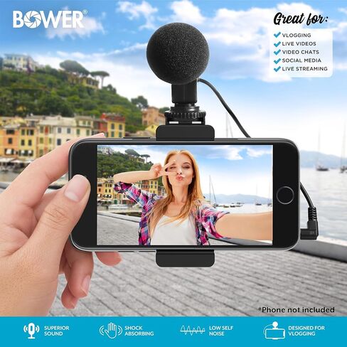 مجموعة ميكروفون Bower HD ميكروفون فيديو عالمي لأجهزة iPhone والهواتف الذكية Android وكاميرات DSLR - متوافقة مع كاميرات Canon EOS وNikon وSony - مع حامل الهاتف in Kuwait