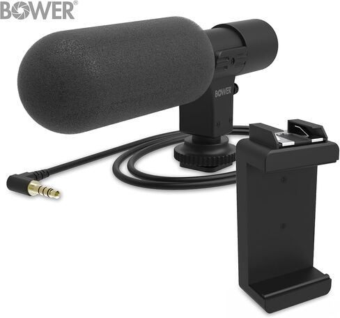 مجموعة ميكروفون Bower HD ميكروفون فيديو عالمي لأجهزة iPhone والهواتف الذكية Android وكاميرات DSLR - متوافقة مع كاميرات Canon EOS وNikon وSony - مع حامل الهاتف in Kuwait