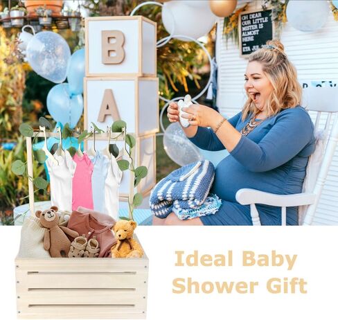 Okydoky Wooden Baby Shower Crate Wardrobe, Baby Gift Basket with Handle, Kids Clothes Hanger and Garland, Baby Storage Basket, Personalized Baby Basket for Pregnant New Parents NO.LPL，Wood1 in Saudi Arabia