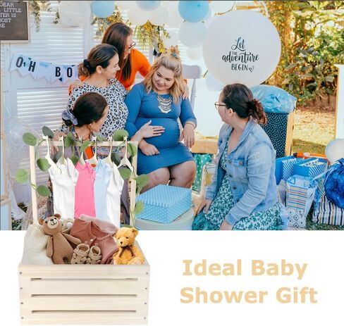 Okydoky Wooden Baby Shower Crate Wardrobe, Baby Gift Basket with Handle, Kids Clothes Hanger and Garland, Baby Storage Basket, Personalized Baby Basket for Pregnant New Parents NO.LPL，Wood1 in Saudi Arabia