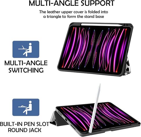 متوافق مع حافظة iPad Pro مقاس 12.9 بوصة، الجيل السادس/الخامس/الرابع/الثالث (2022/2021/2020/2018) حامل أقلام الرصاص، حافظة خلفية من مادة TPU، غطاء للنوم/الاستيقاظ التلقائي مع شحن قلم iPad الثاني - أسود أرجواني ليوبارد الفهد in Kuwait
